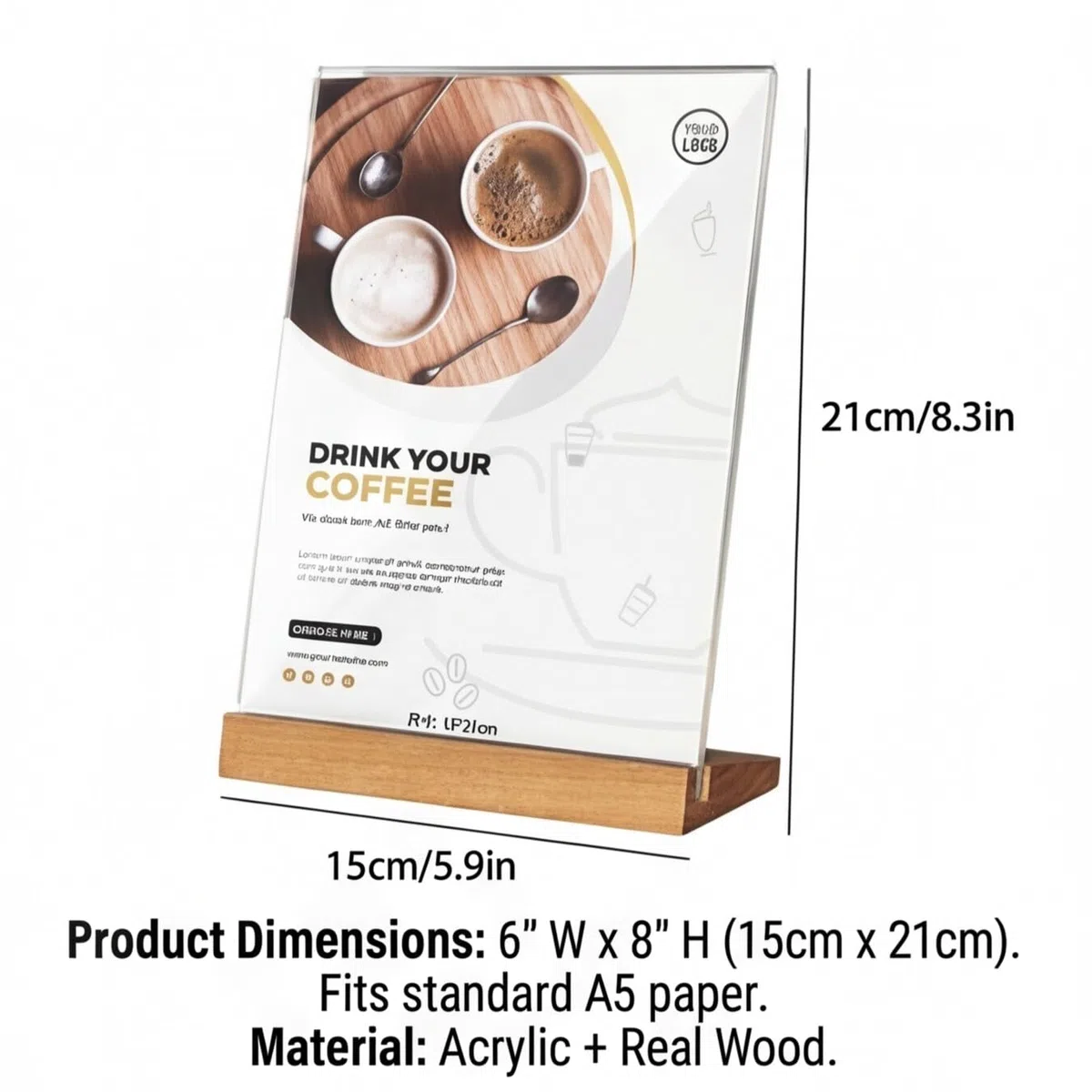 Lot de 3 supports de panneau en acrylique A5 Slant Back Design L Forme Cadre en acrylique transparent Base en bois, menu de table Affichage Stand Flyer Display pour écran de bureau
