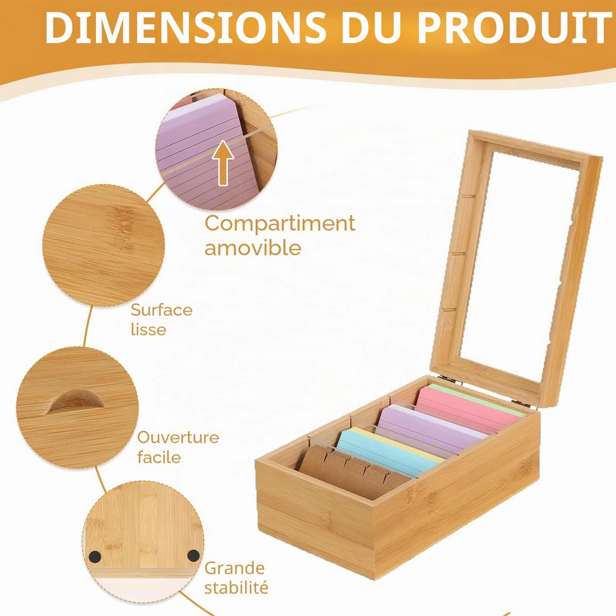 Boîte à fiches A7 en bois avec couvercle - 25,4 x 15 x 10 cm - Boîte de vocabulaire avec 300 cartes - Boîte à fiches pour vocabulaire - Pour le bureau et les écoles