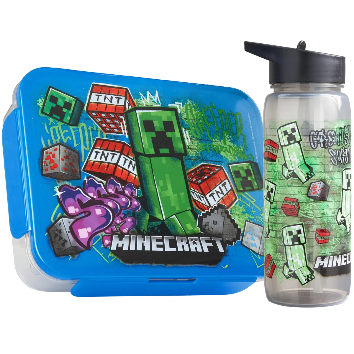 Get Trend Minecraft Bento Lunch Box Garcon et Gourde Air Up Set, 640 ml Gourde Sans BPA avec Paille, Boite a Lunch Enfant 1.75 L avec Compartiments (Multi Minecraft)