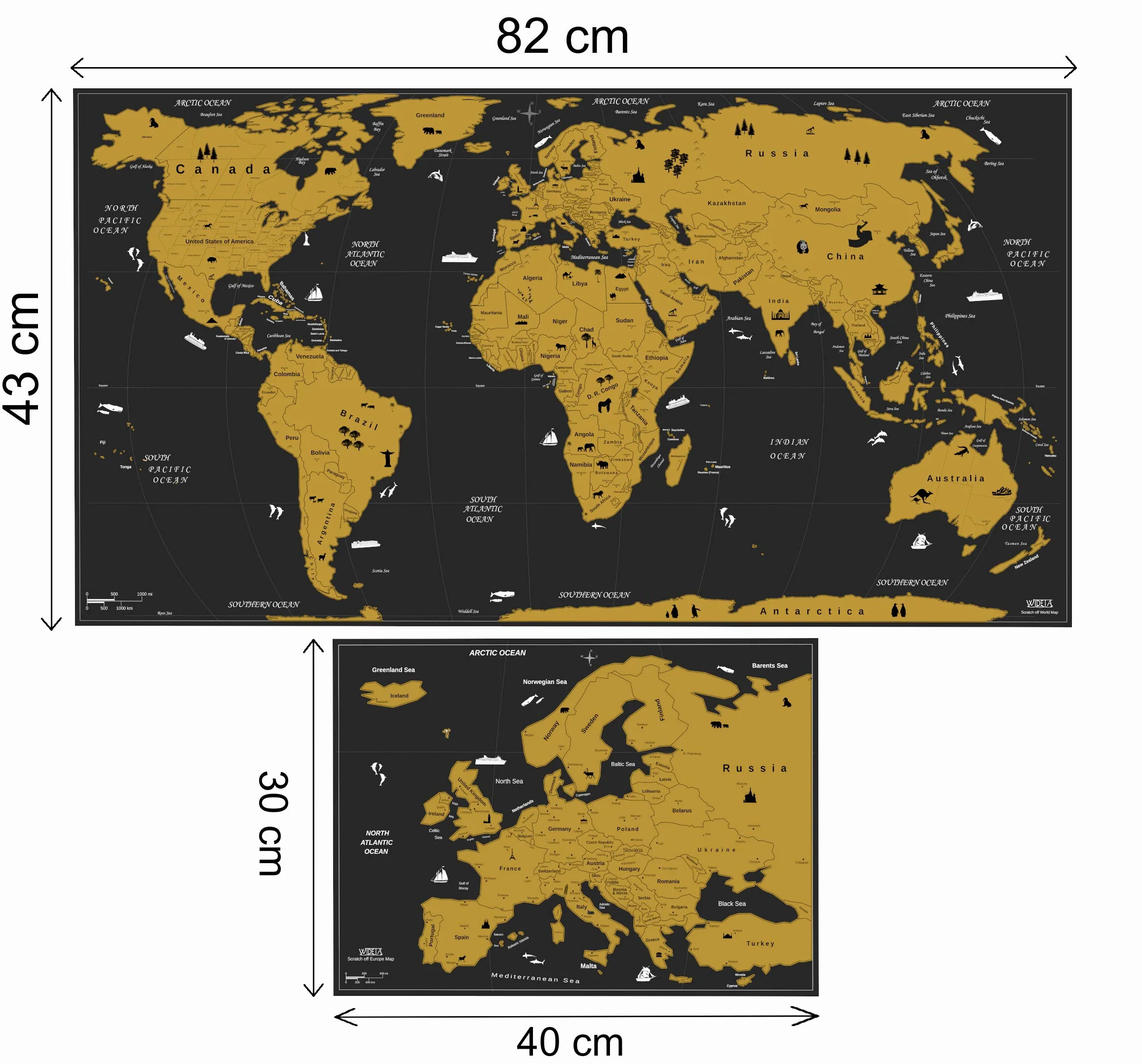 Carte du monde à gratter XXL (82 x 43 cm), Inclus carte d' Europe et accessoires de grattage, par WIDETA