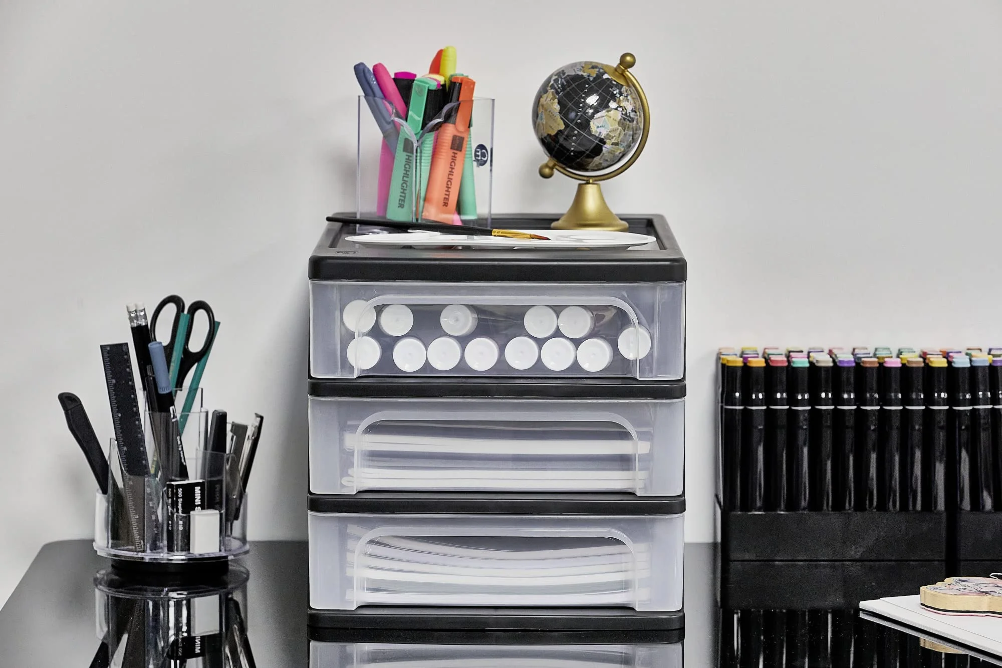 Iris Ohyama, Tour de Rangement Plastique, 3 Petits Tiroirs, Noir, Ouverture Facile, Format A4, Meuble, Organisateur, pour Bureau, Fourniture Scolaire, Papeterie, Sans BPA, OCH-2030