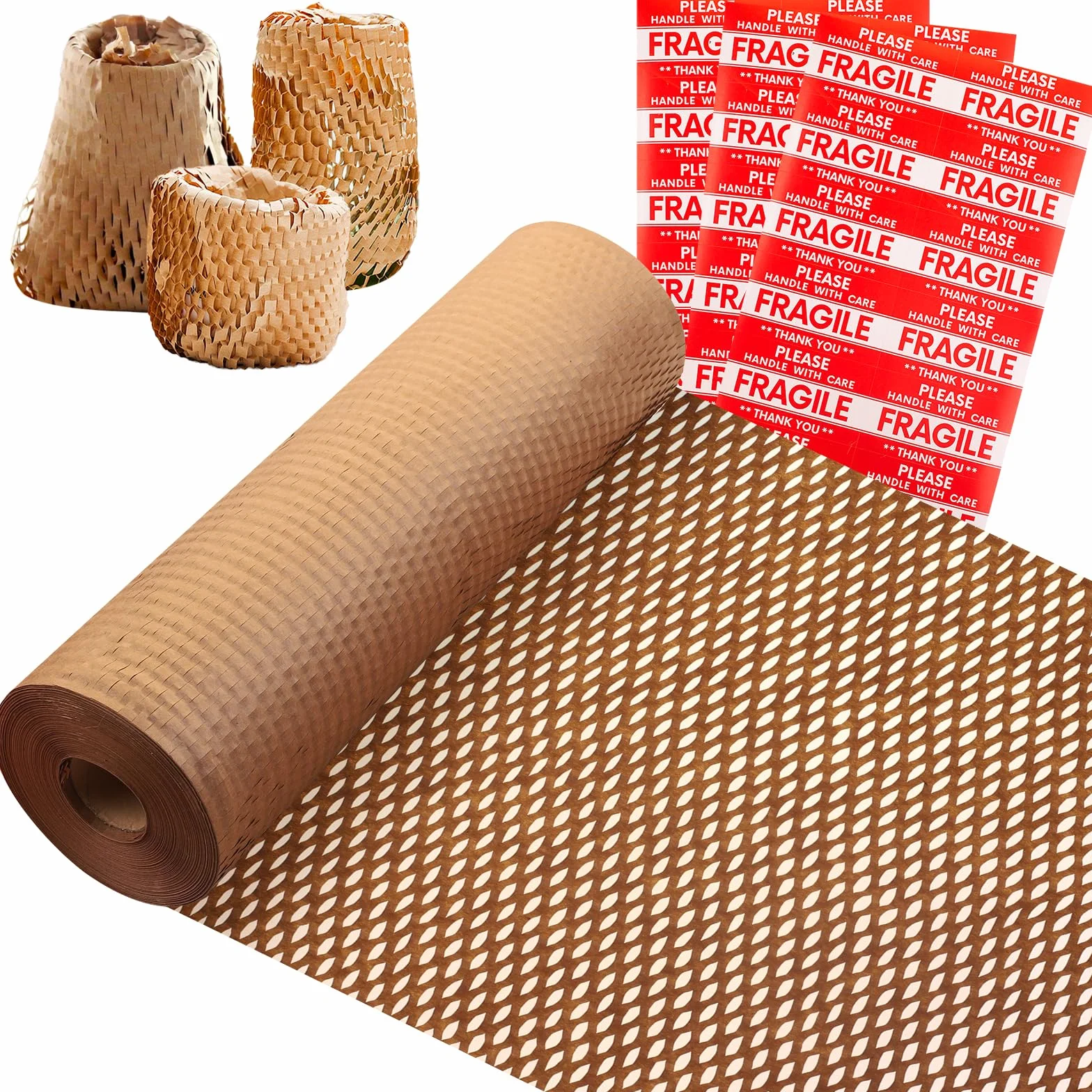 Papier alvéolé Papier d'emballage Rouleau 38 cm x 70 m, matériau d'emballage brun Papier d'emballage Contient 36 autocollants pour objets fragiles