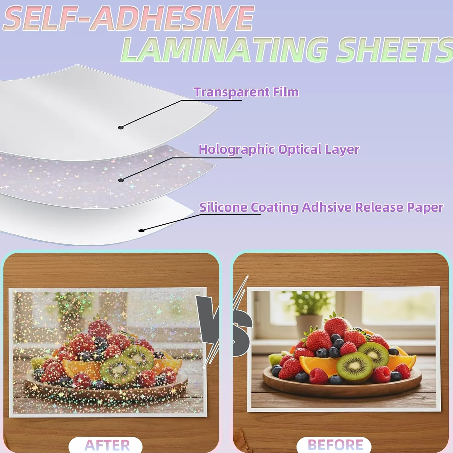 Feuilles de Plastification à Froid Auto-adhésives Holographiques A4 | Feuilles d'autocollants Transparentes Imperméables 50mic, pour Documents, Photos, Menus, 20 Feuilles (Étoile)