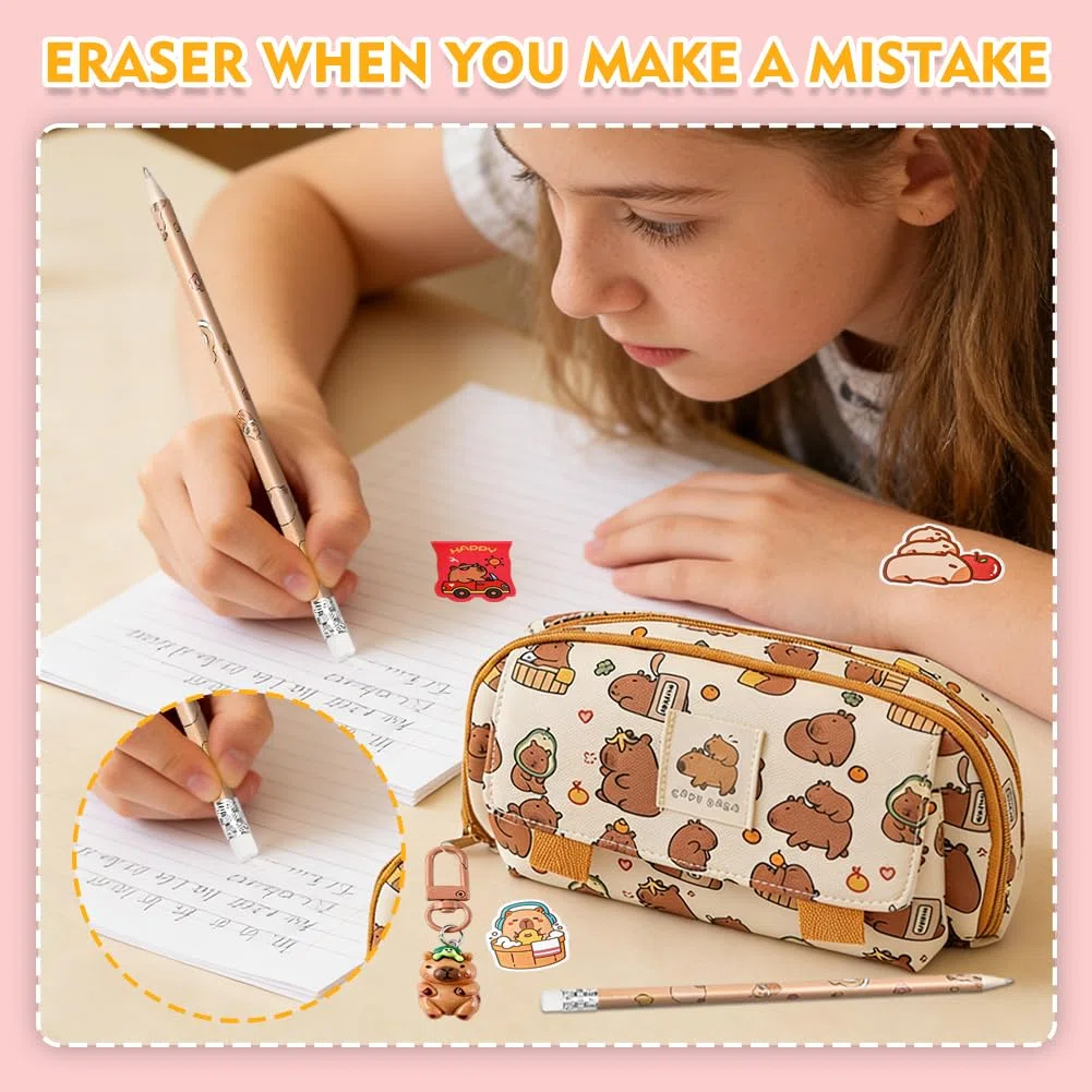 Ensemble de Papeterie Capybara 25 Pièces, avec Trousse à Crayons, Stylo à Bille, Notes Adhésives, Autocollants et Porte-clés, Kawaii Cadeau pour Filles Garçons Étudiants, Bureau & École