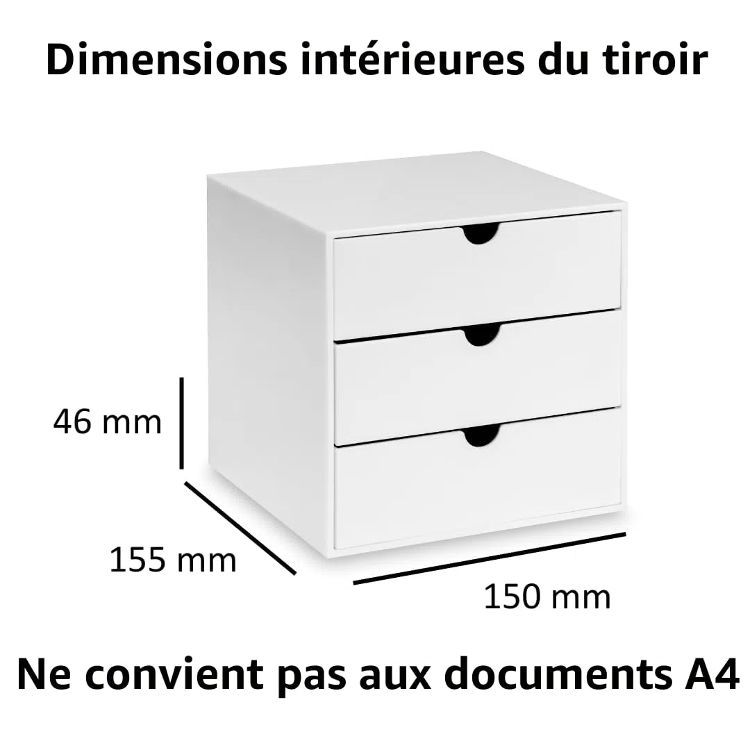 OSCO Cube en plastique blanc brillant, 3 tiroirs, pas de format A4, rangement de petits articles, boîte à maquillage, boîte à bijoux, organisateur compact, blanc, 16,5 x 16,5 x 16,5 cm