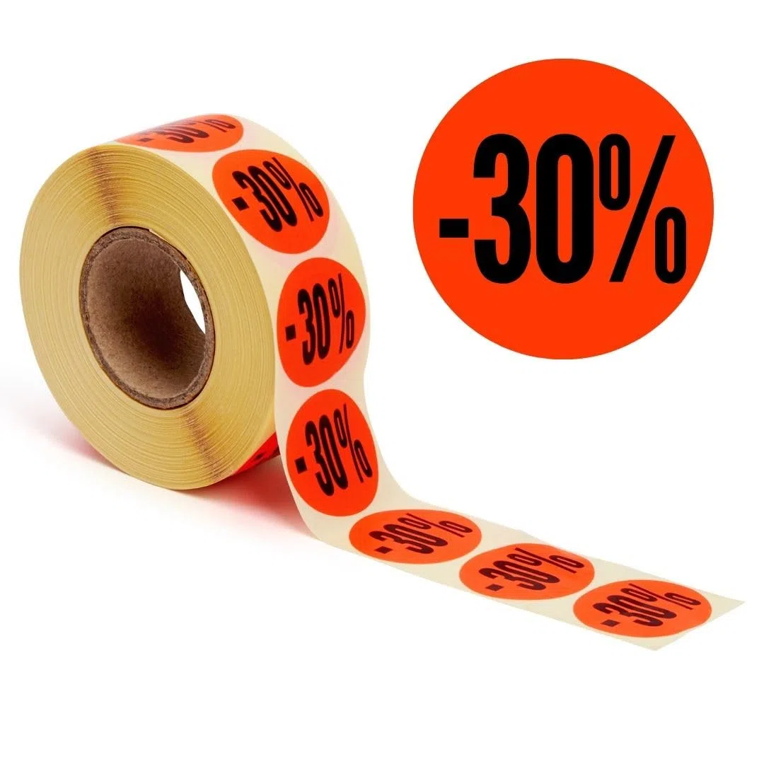 POKORNYS - Étiquettes promotionnelles « -30% » I Stickers pour marchandises à prix réduit I Lot de 1.000 autocollants de rabais en rouge vif I Adhésifs permanents, ronds, Ø 32mm
