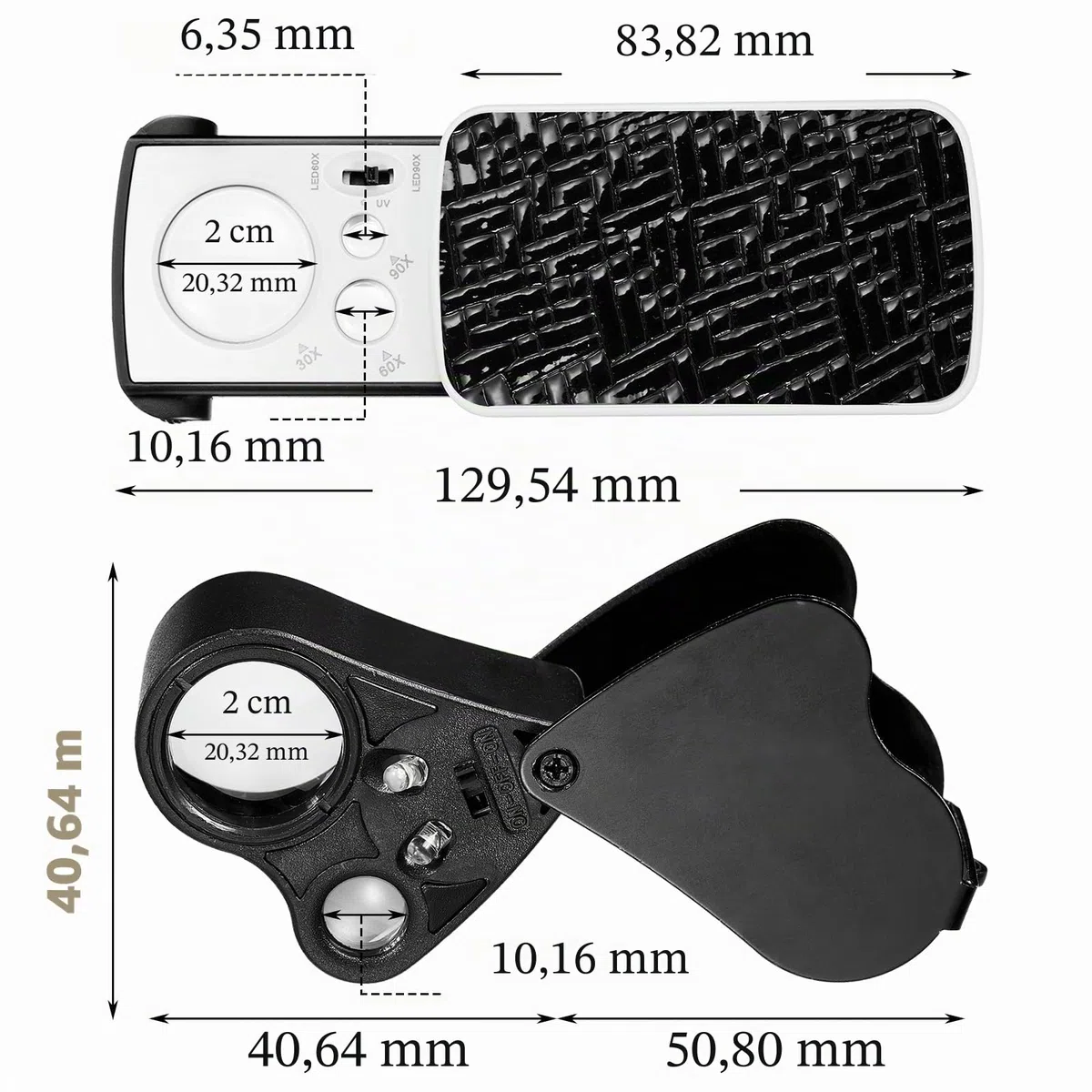 2 Pièces Loupe de Bijoutier Loupe Yeux Bijoutiers Illuminée 30X 60X 90X Boucle Loupe Bijoux avec Lumière Noire UV et Lumière LED Brillante pour Diamant Gemme Pièce Timbre Roche (Noir)