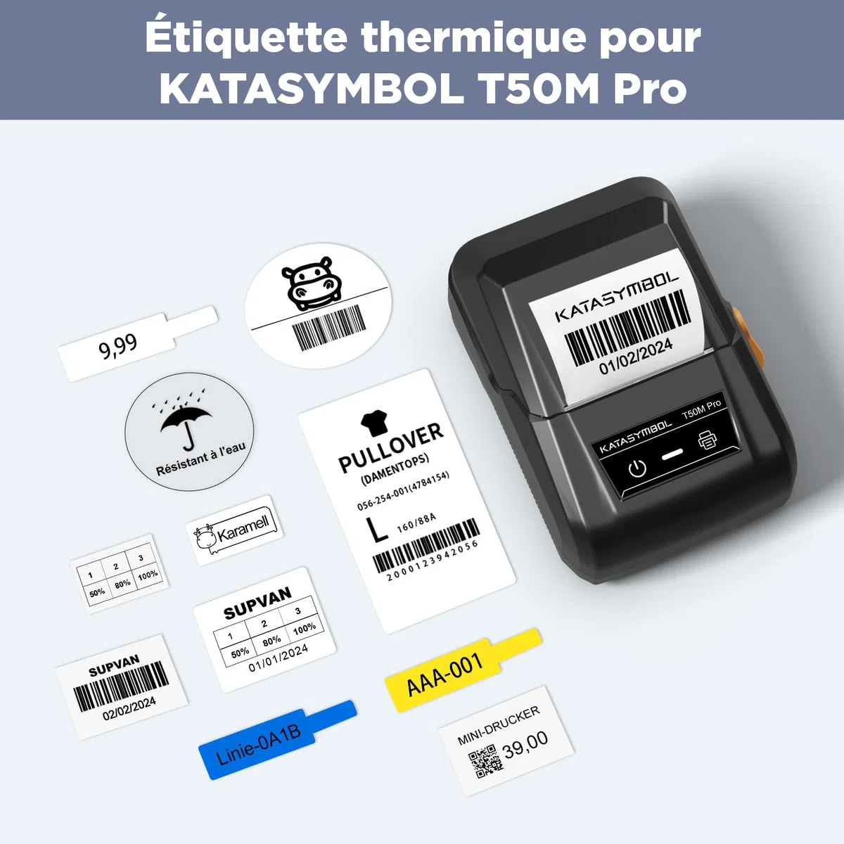 SUPVAN KATASYMBOL T50M Pro 2 Rouleaux d'étiquettes Thermiques Autocollantes Imperméables, 40 mm x 30 mm, 2 Rouleaux, 250 Pièces/Rouleau, Noir sur Blanc