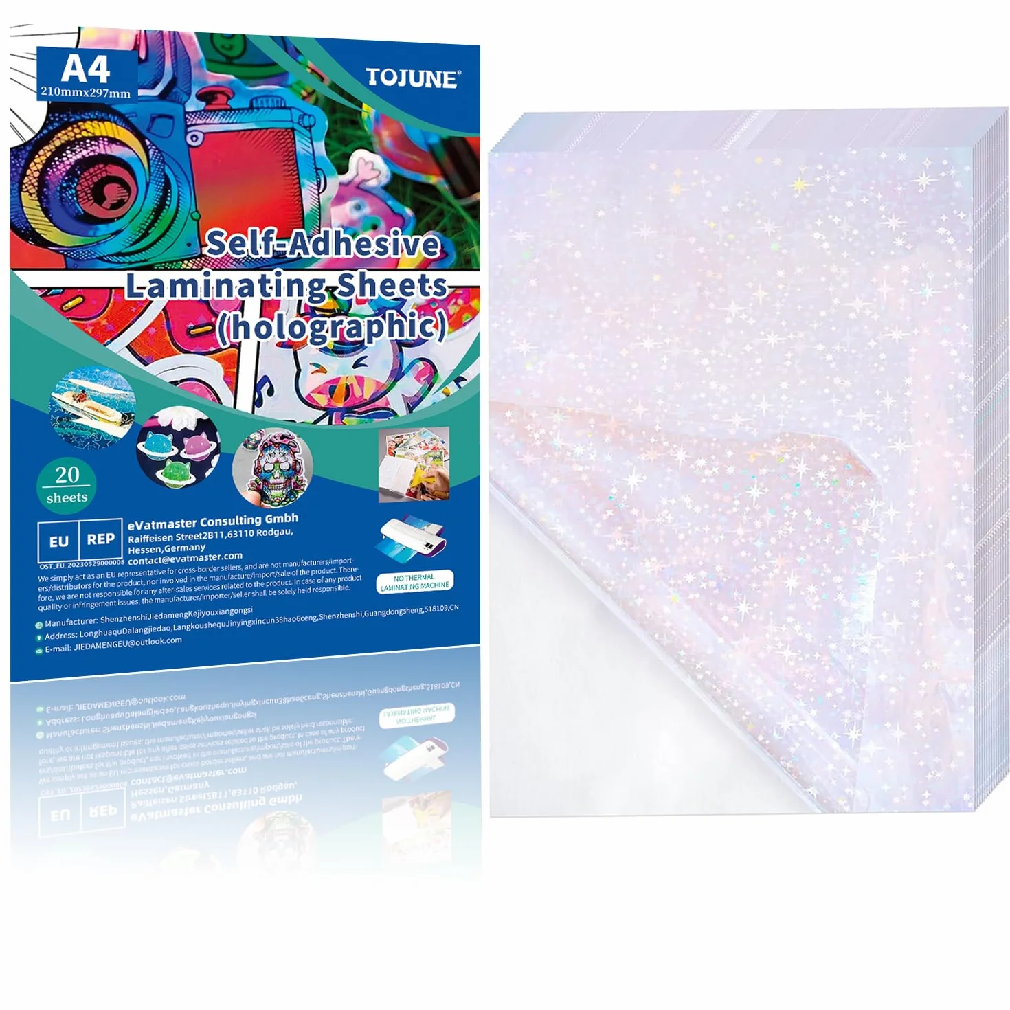 Feuilles de Plastification à Froid Auto-adhésives Holographiques A4 | Feuilles d'autocollants Transparentes Imperméables 50mic, pour Documents, Photos, Menus, 20 Feuilles (Étoile)