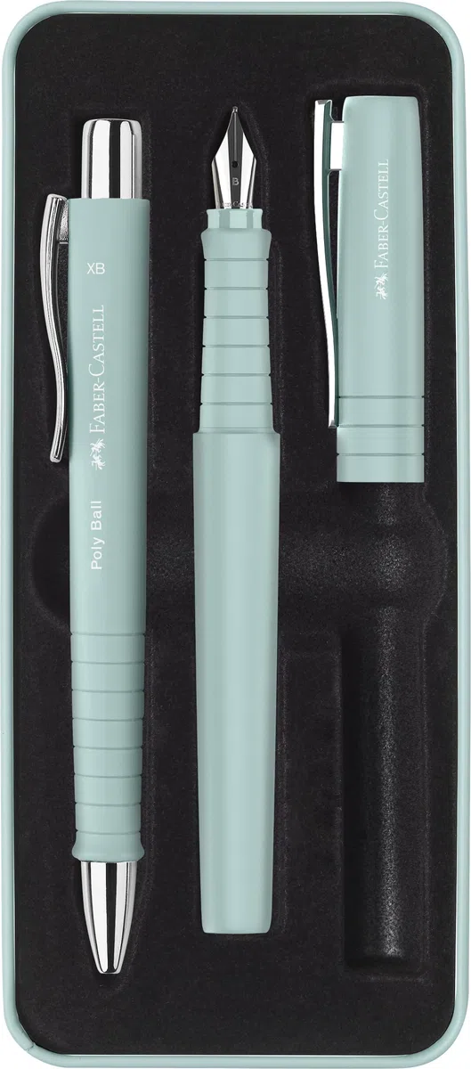Faber-Castell 241053 Ensemble d'écriture Poly Pen bleu caribéen, Stylo-plume avec plume large et stylo-bille, Prise ergonomique, Idéal pour prise de notes, Pour étudiants, Écriture fluide