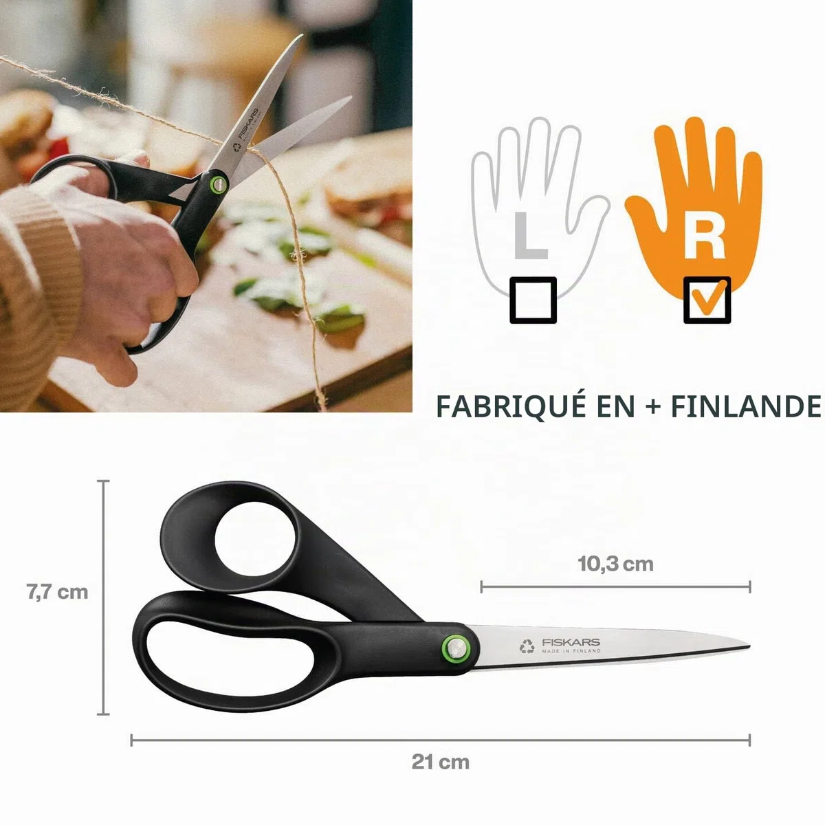 Fiskars ReNew Ciseaux polyvalent, Longueur : 21 cm, Inox recyclé/plastique recyclé, Functional Form, Noir, 1074547