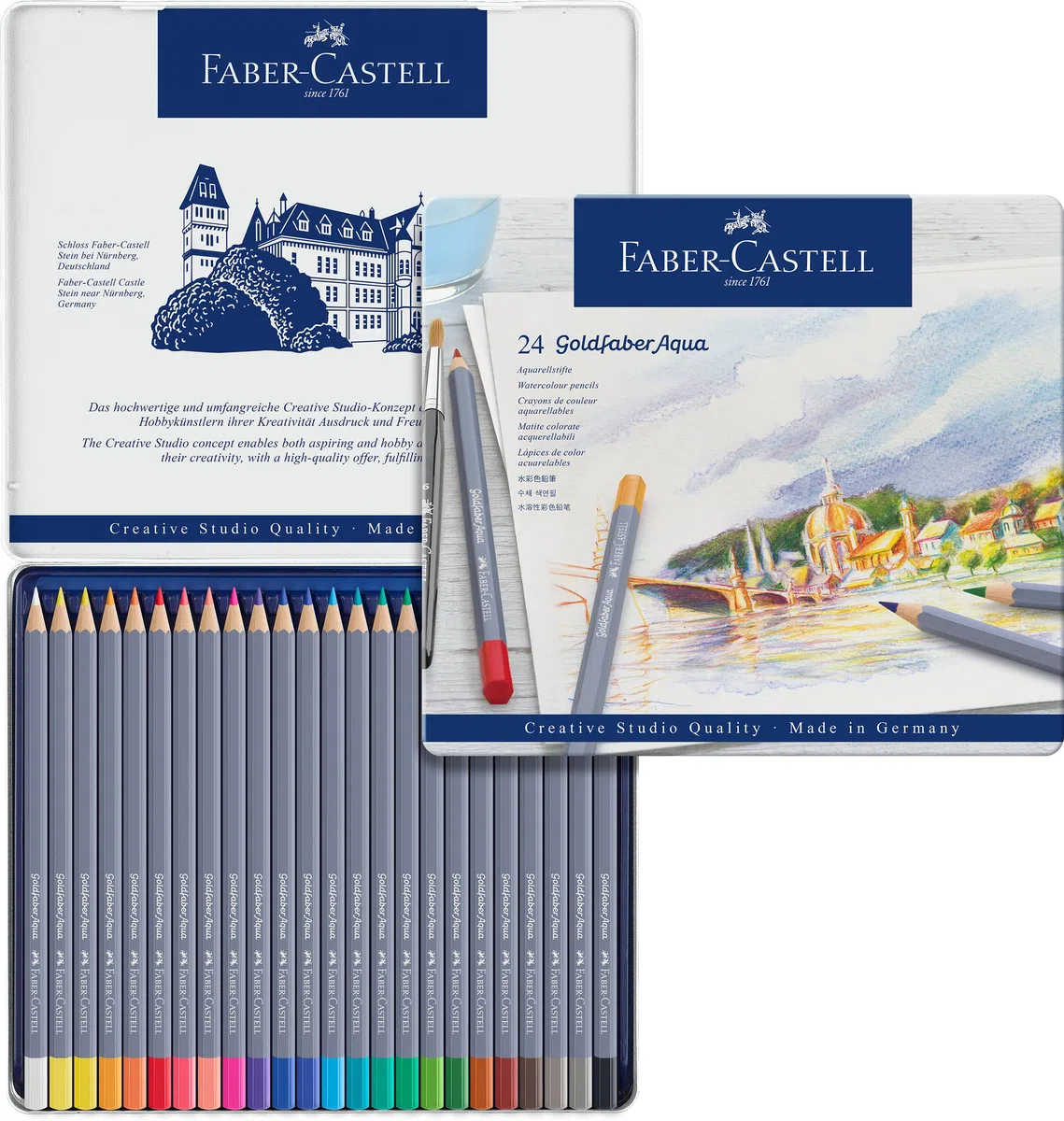 Faber-Castell 114624 - Crayons aquarelle Goldfaber, Set de 24 crayons de couleur, incassables, entièrement aquarellables
