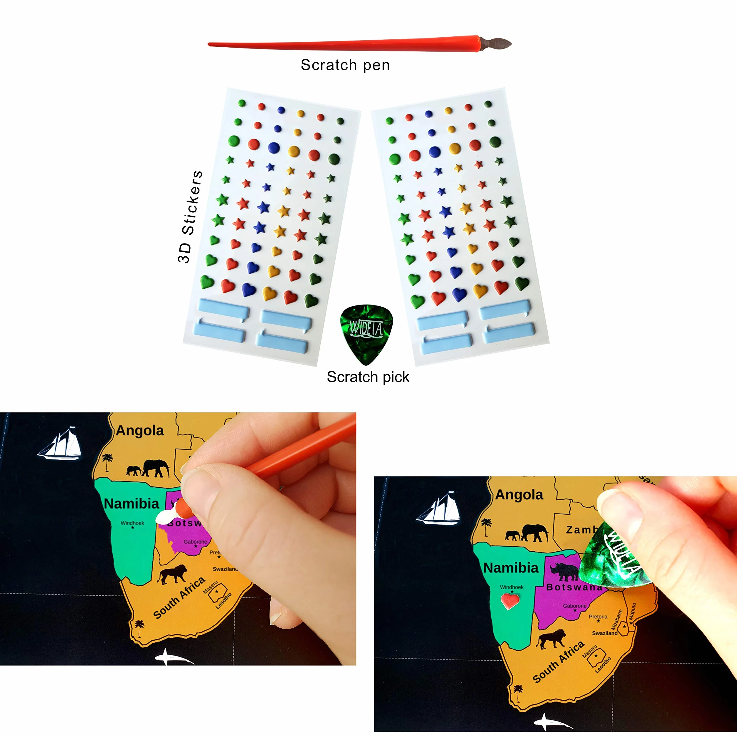 Carte du monde à gratter XXL (82 x 43 cm), Inclus carte d' Europe et accessoires de grattage, par WIDETA