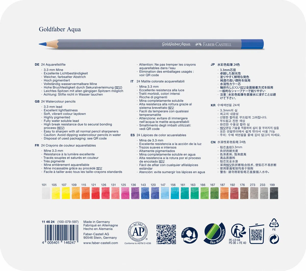 Faber-Castell 114624 - Crayons aquarelle Goldfaber, Set de 24 crayons de couleur, incassables, entièrement aquarellables
