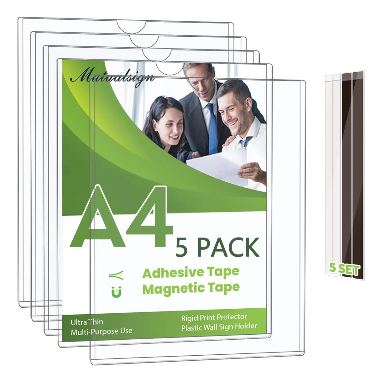 Lot de 5 supports muraux magnétiques A4 Protections rigides avec bandes adhésives et magnétiques Support mural en plastique pour bureau, magasin, maison, fenêtre