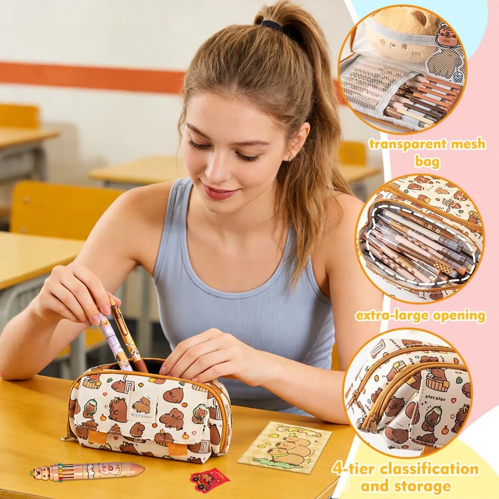 Ensemble de Papeterie Capybara 25 Pièces, avec Trousse à Crayons, Stylo à Bille, Notes Adhésives, Autocollants et Porte-clés, Kawaii Cadeau pour Filles Garçons Étudiants, Bureau & École
