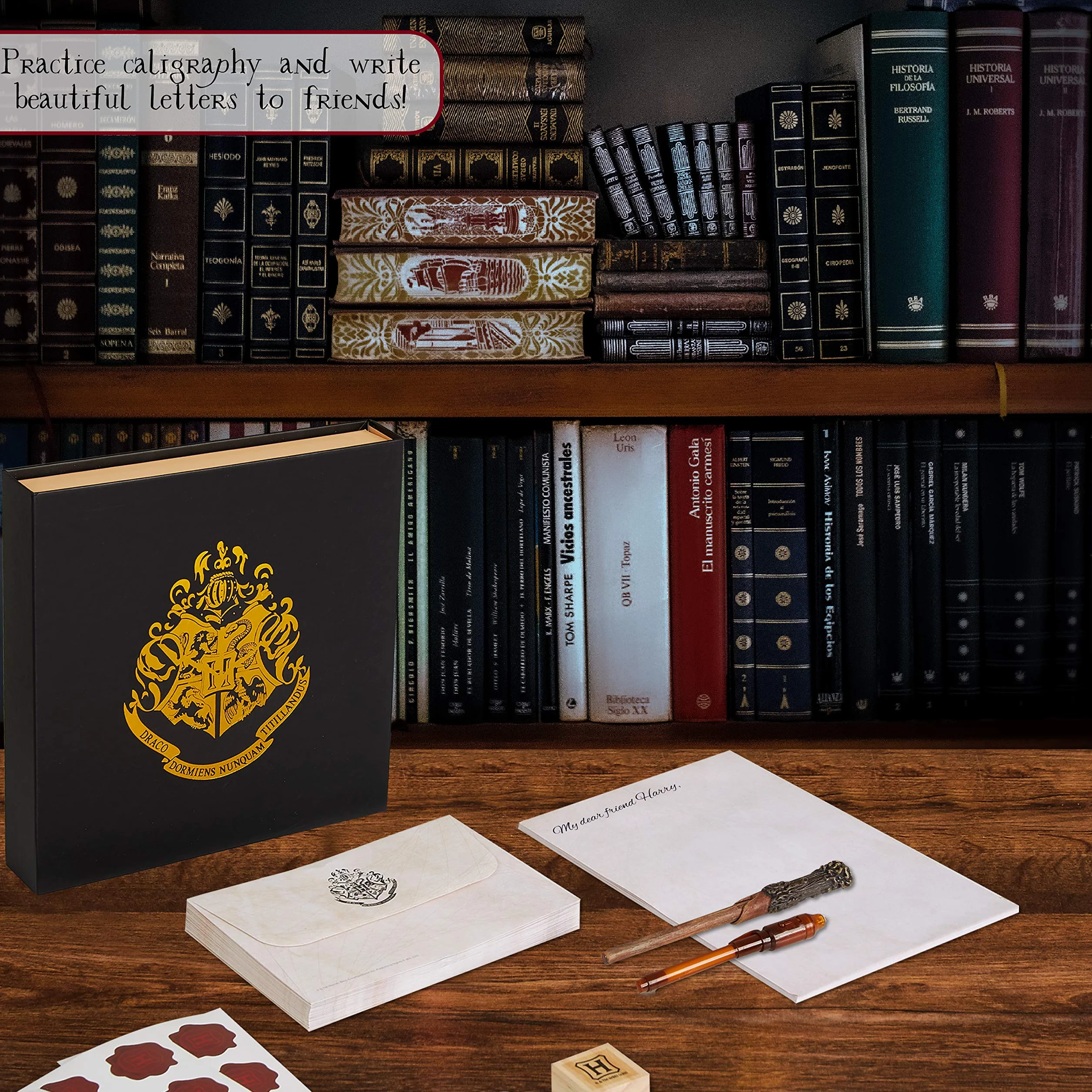Harry Potter Coffret Papier à Lettre Poudlard Stylo Baguette Magique Bloc Note Enveloppes Stickers Sceau Tampon