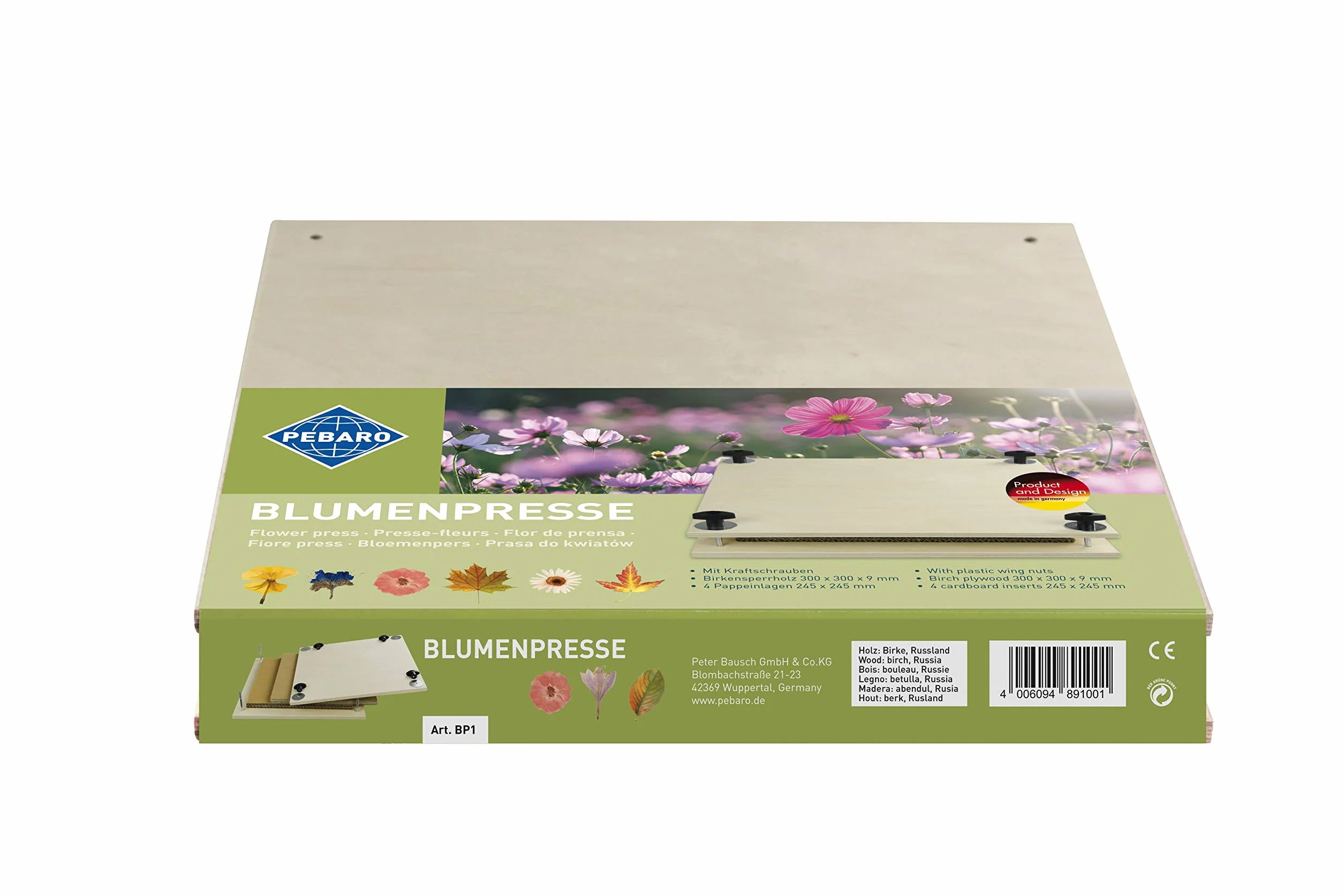 PEBARO BP1 Presse à fleurs en contreplaqué de bouleau de qualité supérieure 9 mm avec 4 inserts en carton 30 x 30 cm Très stable Presse à feuilles Fabriqué en Allemagne Le bois peut également être