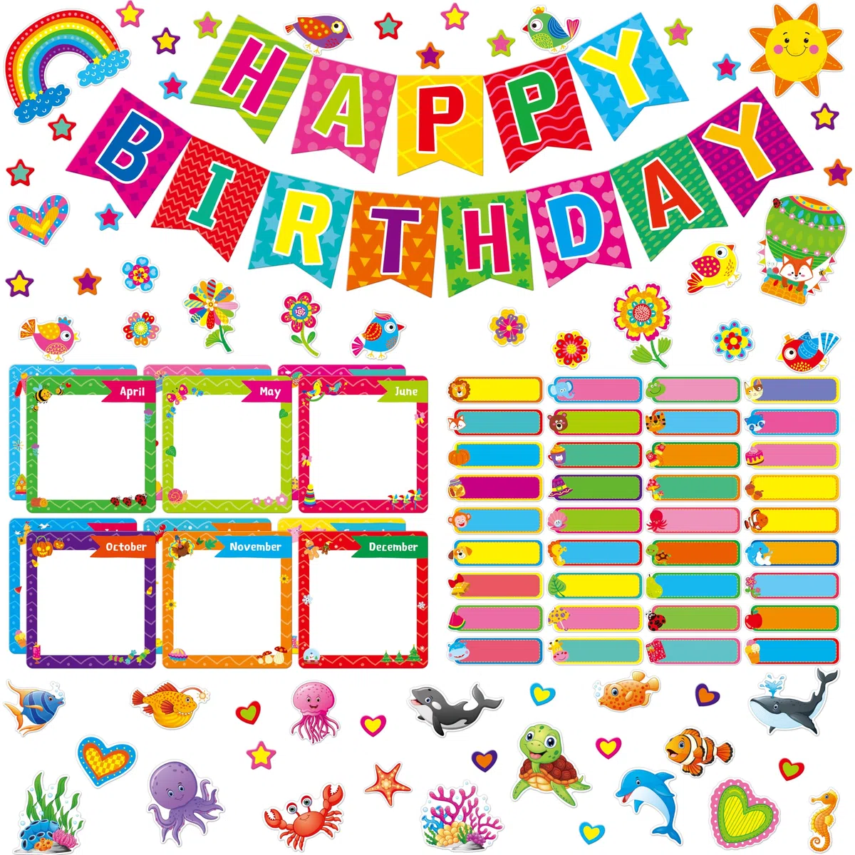 Ensemble de Tableau d'Affichage d'anniversaire de 122 PCS, Banderole d'anniversaire/Cards de Mois/Nom Décoration Fleurs, Étoiles, Découpes d'animaux Marins Fournitures de Fête
