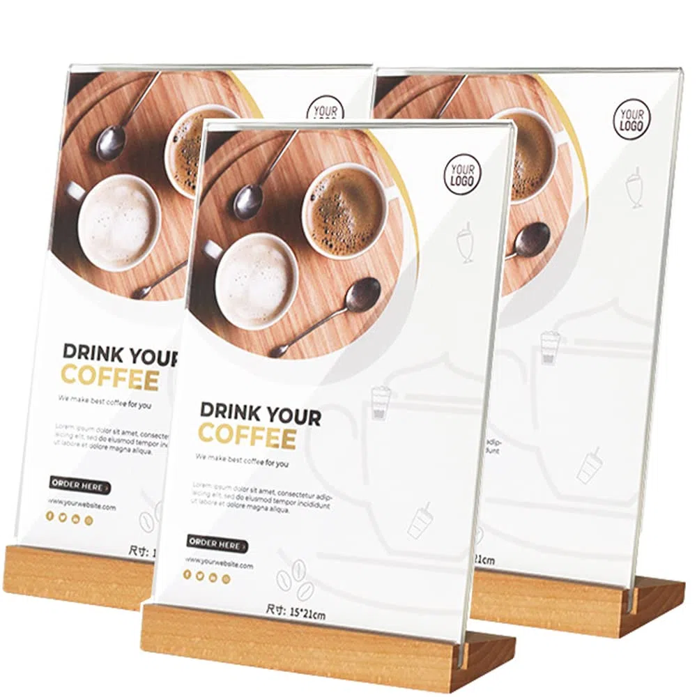 Lot de 3 supports de panneau en acrylique A5 Slant Back Design L Forme Cadre en acrylique transparent Base en bois, menu de table Affichage Stand Flyer Display pour écran de bureau