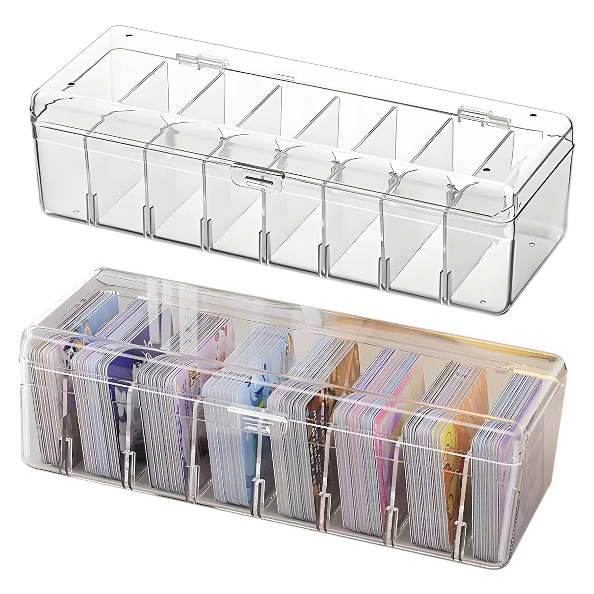 FARYODI Lot de 2 boîtes transparentes avec couvercle, 8 compartiments avec séparateurs amovibles pour jusqu'à 700 cartes, pour cartes d'apprentissage, cartes de visite, cartes de jeu, cartes de joueur