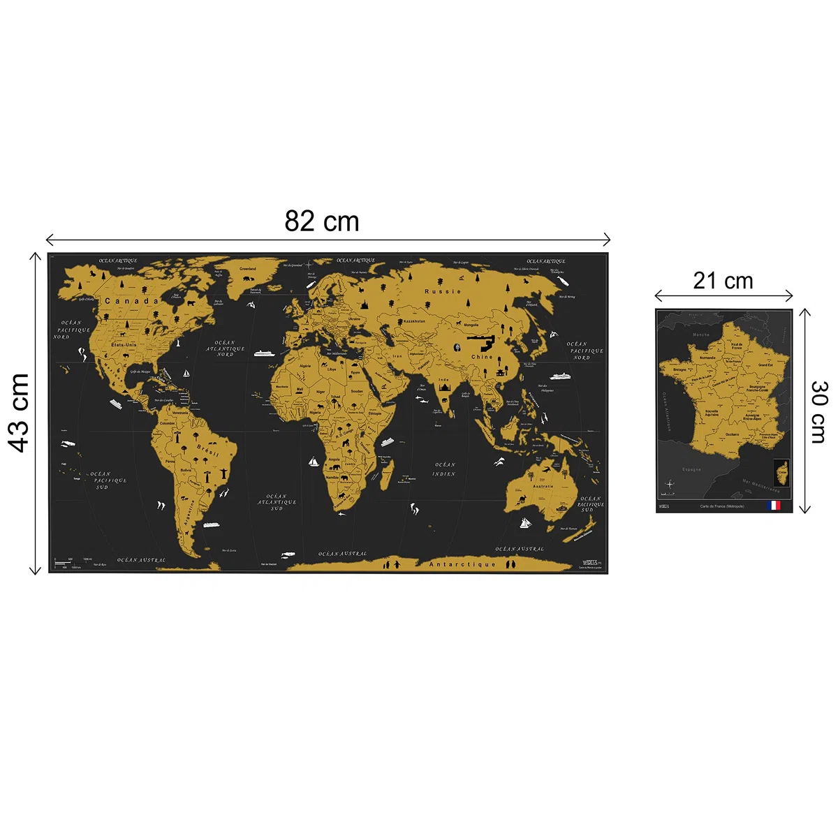 WIDETA Carte du monde à gratter, Français/Poster grand format (82 x 43 cm) / Planisphère, Mappemonde Grattable/Inclus Carte de France, autocollants et accessoires de grattage