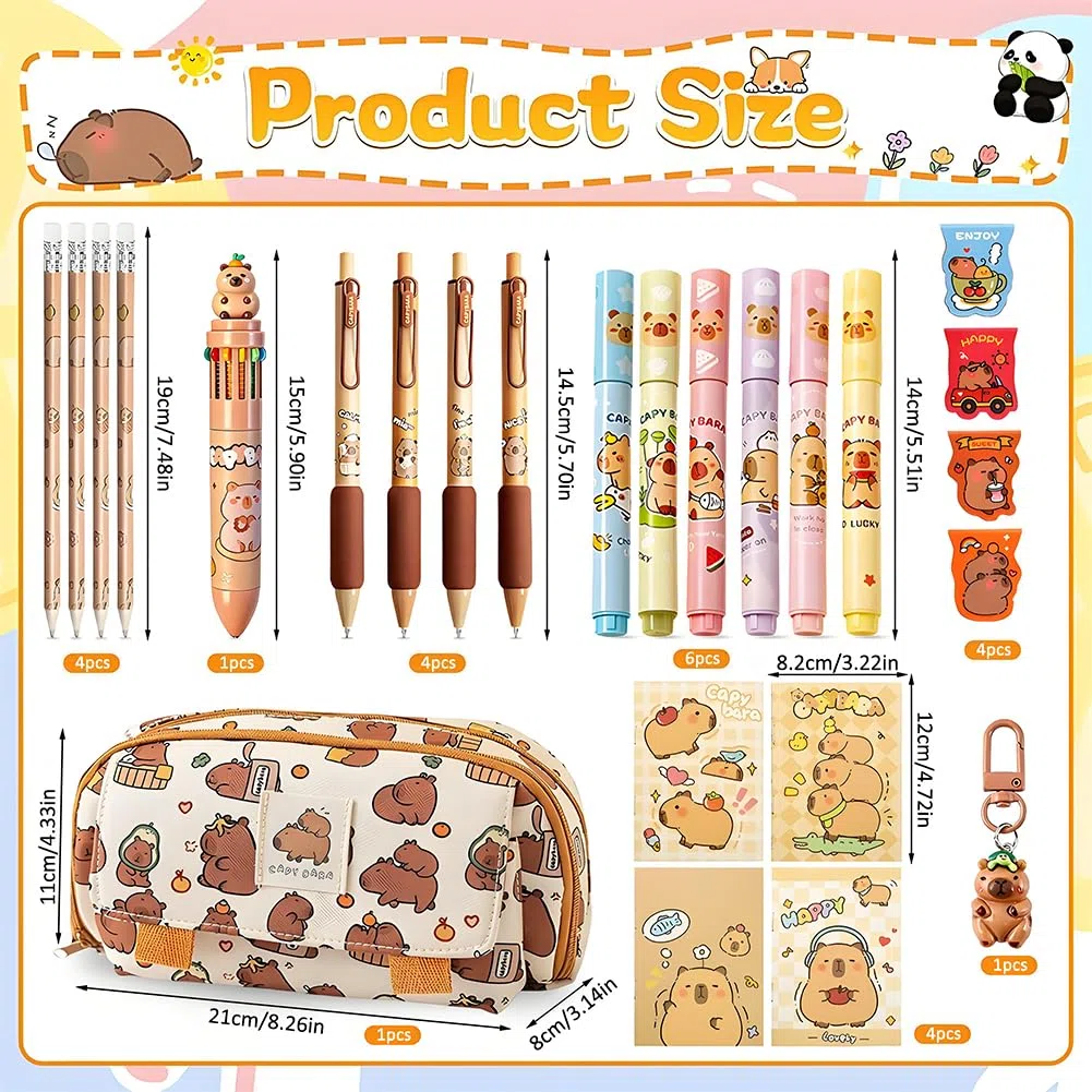 Ensemble de Papeterie Capybara 25 Pièces, avec Trousse à Crayons, Stylo à Bille, Notes Adhésives, Autocollants et Porte-clés, Kawaii Cadeau pour Filles Garçons Étudiants, Bureau & École