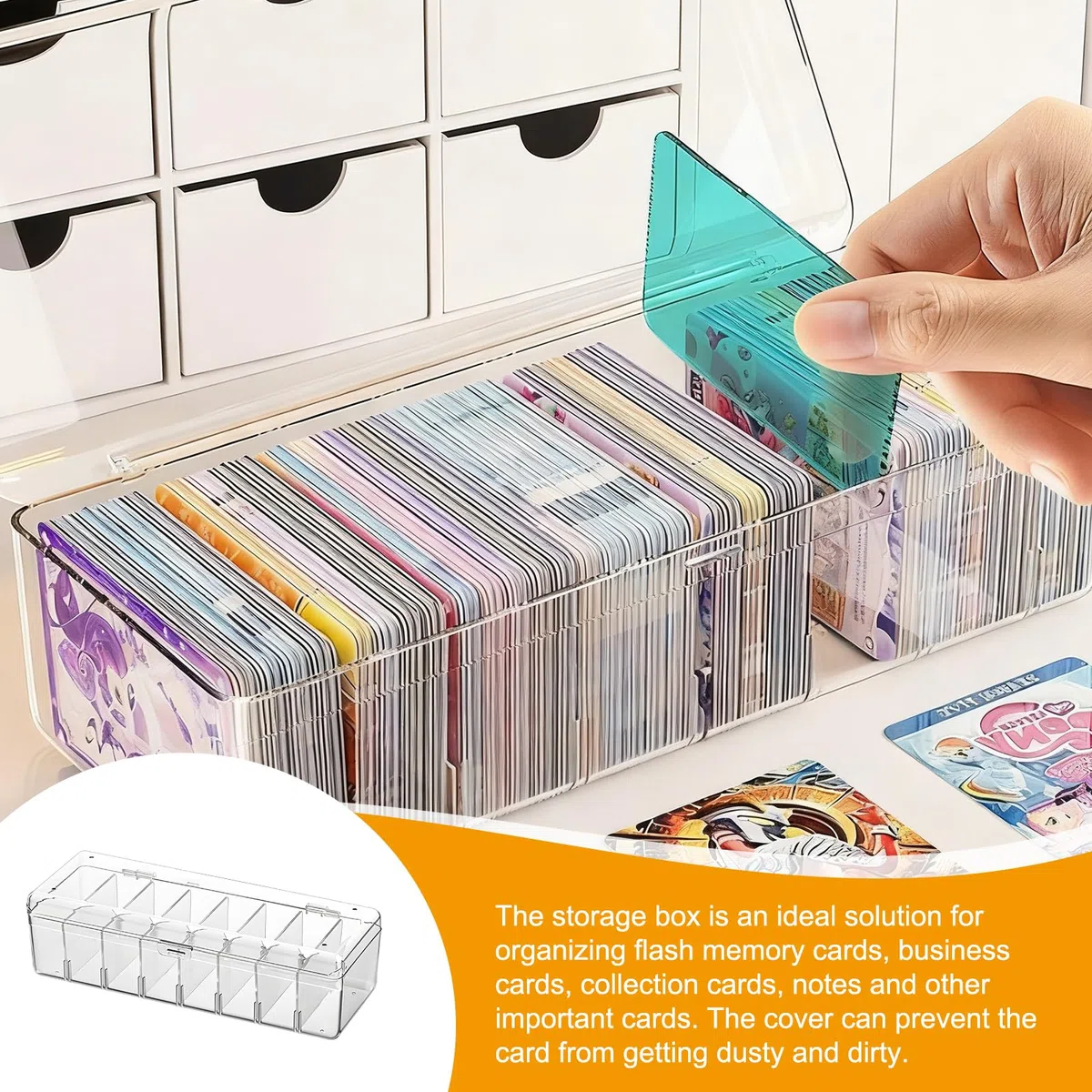 FARYODI Lot de 2 boîtes transparentes avec couvercle, 8 compartiments avec séparateurs amovibles pour jusqu'à 700 cartes, pour cartes d'apprentissage, cartes de visite, cartes de jeu, cartes de joueur