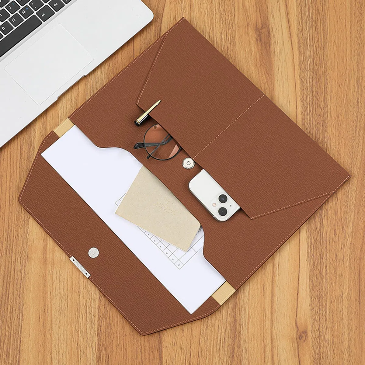 VANRA Porte-documents en cuir imperméable avec 3 poches, enveloppes de classement pour papier format A4 avec fermeture magnétique à bouton-pression (marron)
