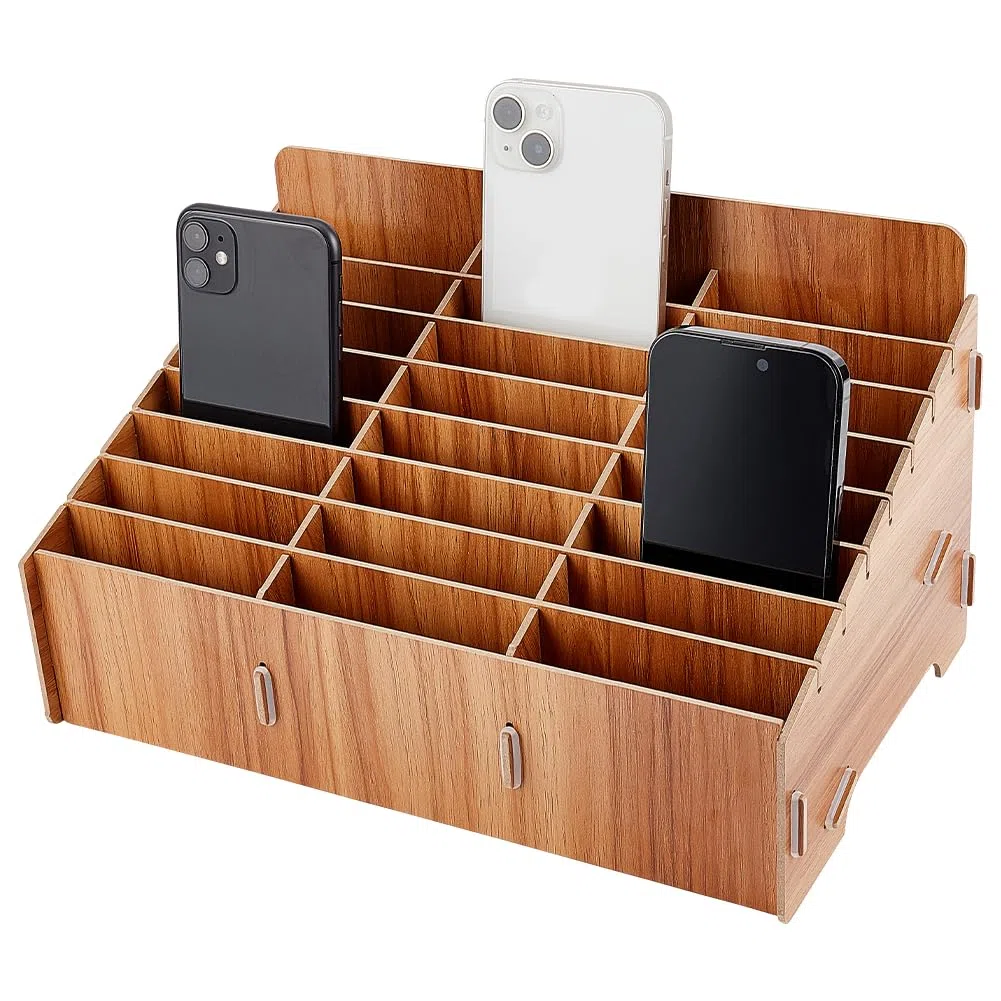 BENECREAT Boîte de Rangement en Bois pour Téléphone Portable à 24 grille, Organisateur de Bureau pour Boîte de Rangement de Gestion de Téléphone Portable pour Fournitures de Bureau et Scolaires