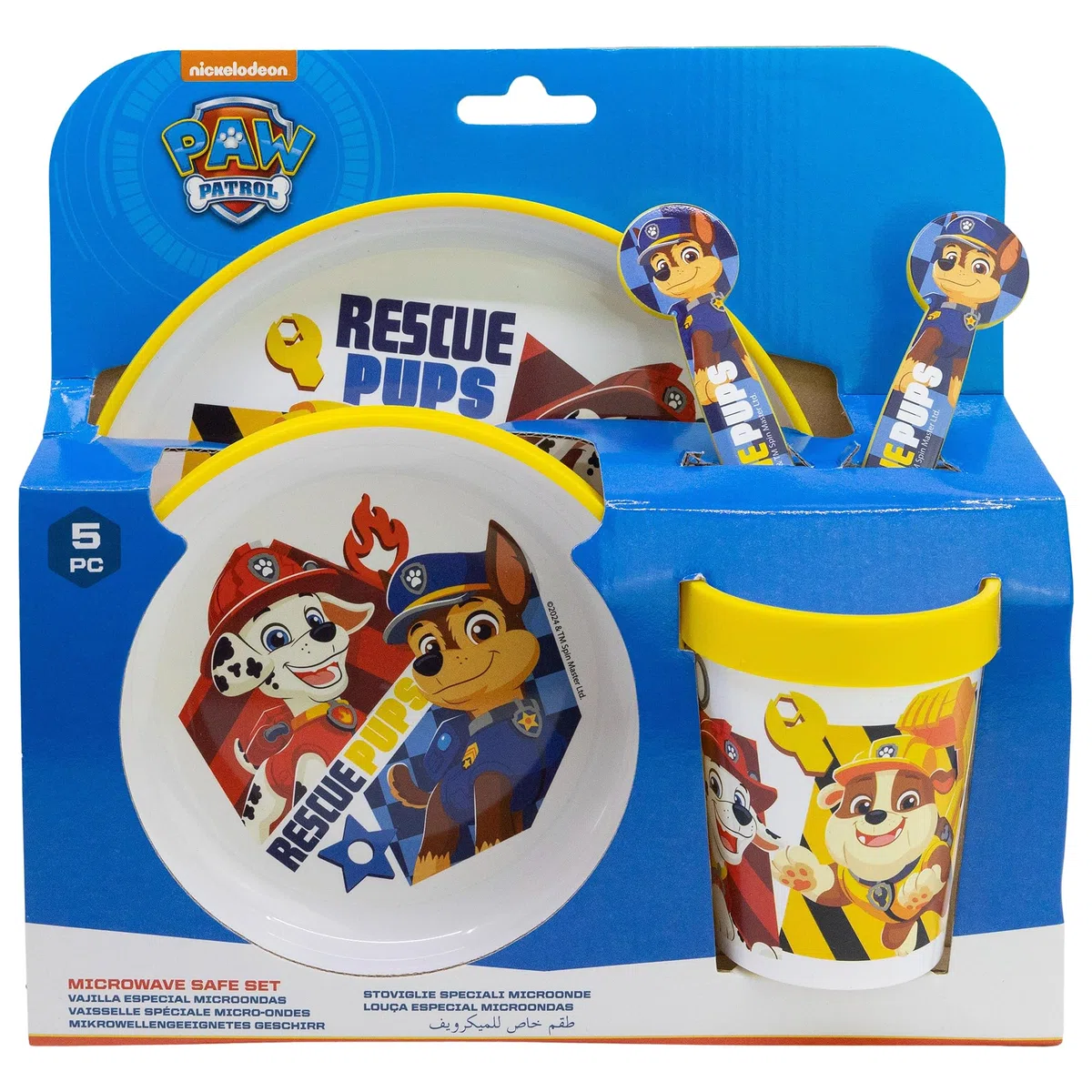 STOR Set de Vaisselle Enfant Pat' Patrouille avec Base Antidérapante, Assiette, Bol, Gobelet 260ml et Couverts, Compatible Micro-ondes, Sans BPA