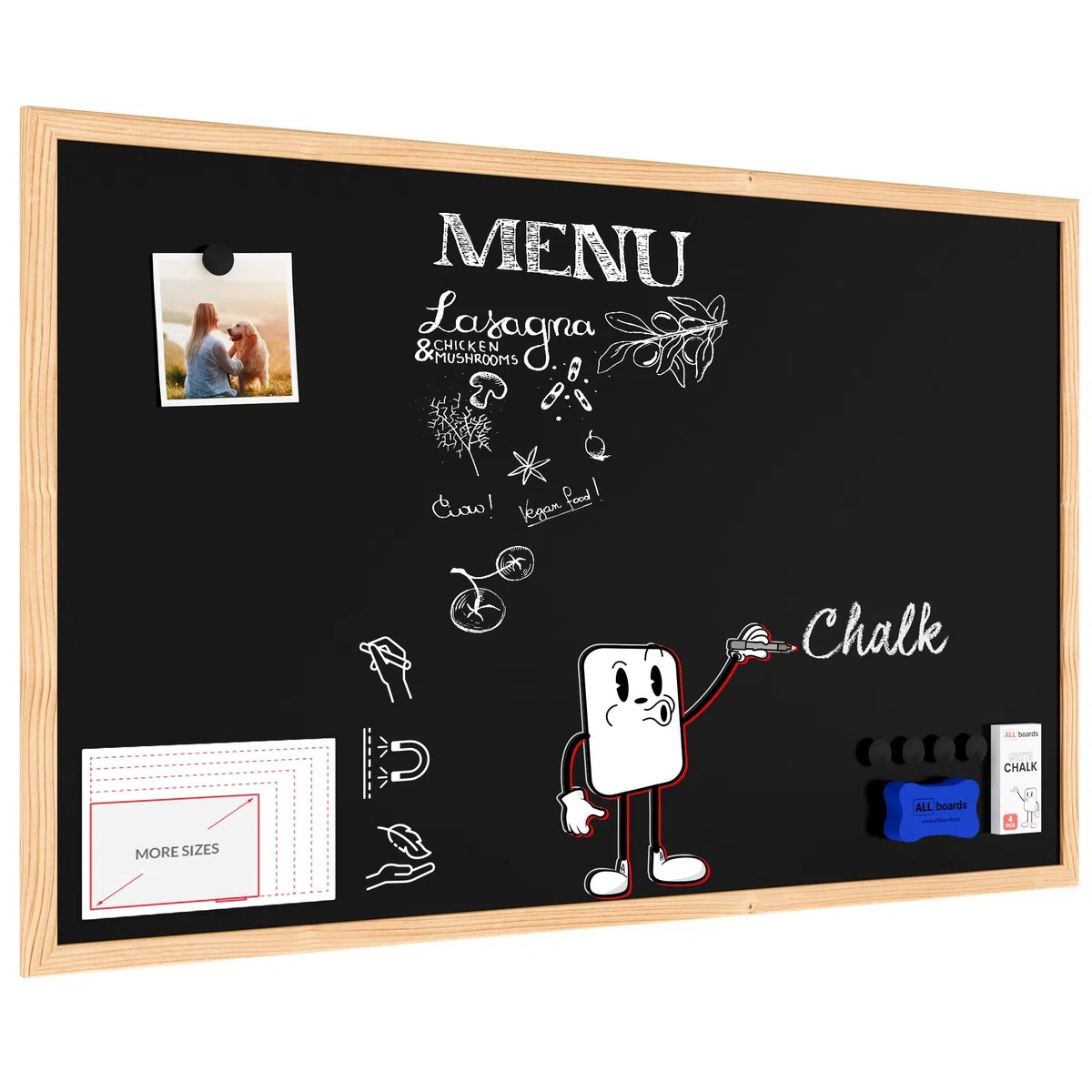 ALLboards Tableau à Craie Noir Magnétique avec Cadre en Bois Naturel 80x50cm