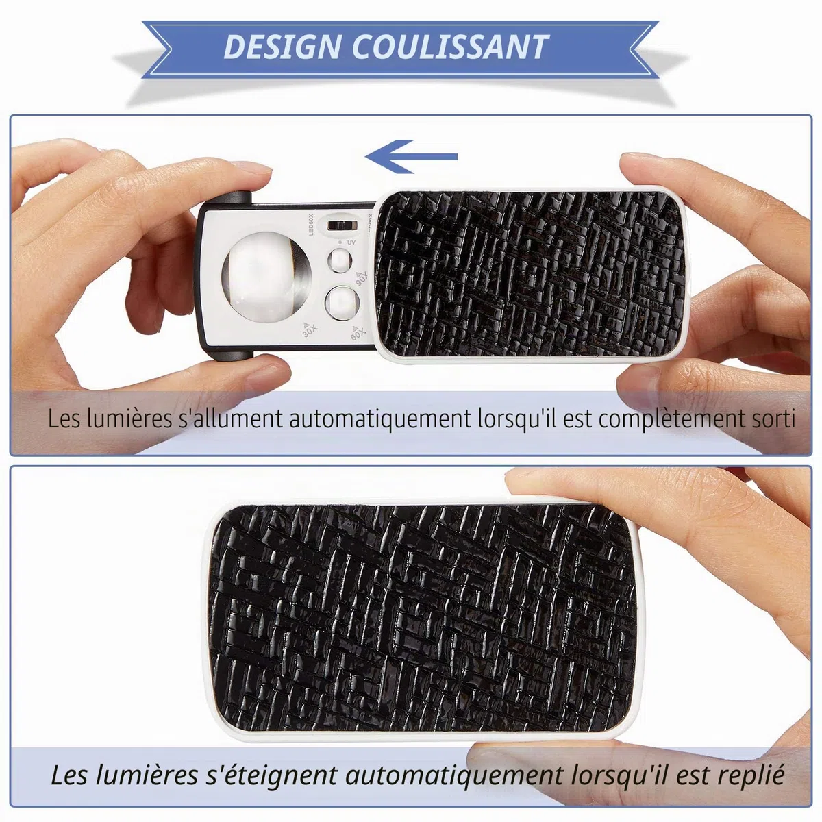 2 Pièces Loupe de Bijoutier Loupe Yeux Bijoutiers Illuminée 30X 60X 90X Boucle Loupe Bijoux avec Lumière Noire UV et Lumière LED Brillante pour Diamant Gemme Pièce Timbre Roche (Noir)