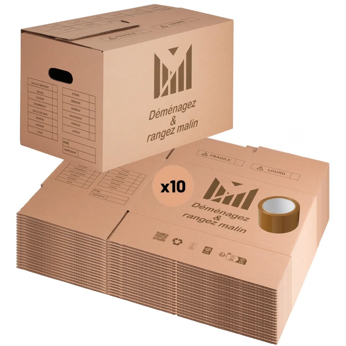 Lot de 10 Cartons Déménagement 50x30x30 cm, 41L, Poignées Renforcées, Carton Ondulé Recyclé, avec Adhésif 68m